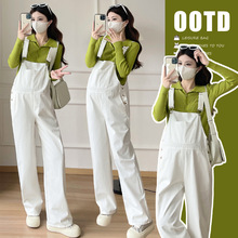 孕妇套装春秋潮妈新款白色甜美宽松时尚洋气时髦背带裤上衣两件套