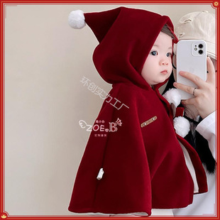 Baby's Cape Autumn and Winter Wear Baby Girl's Red Shawl Children's fleece-lined Thickened Windproof Outgoing Windproof Cloak Annual Wear