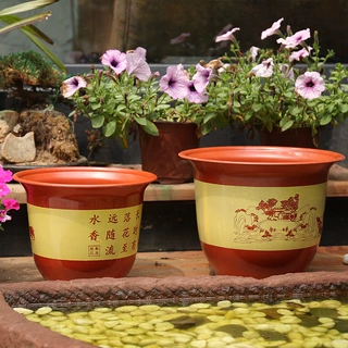 仿陶瓷复古印花圆形花盆园艺苗木盆栽绿植种树大口径加厚塑料花盆