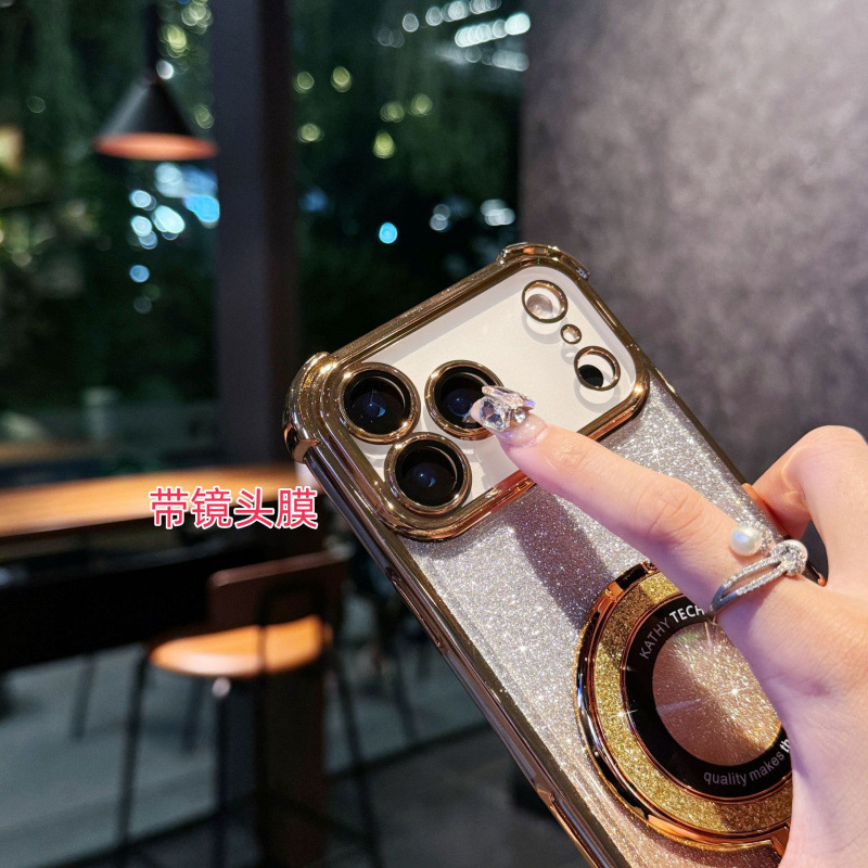 适用iPhone17promax电镀四角防摔手机壳苹果16闪粉磁吸支架保护套|undefined