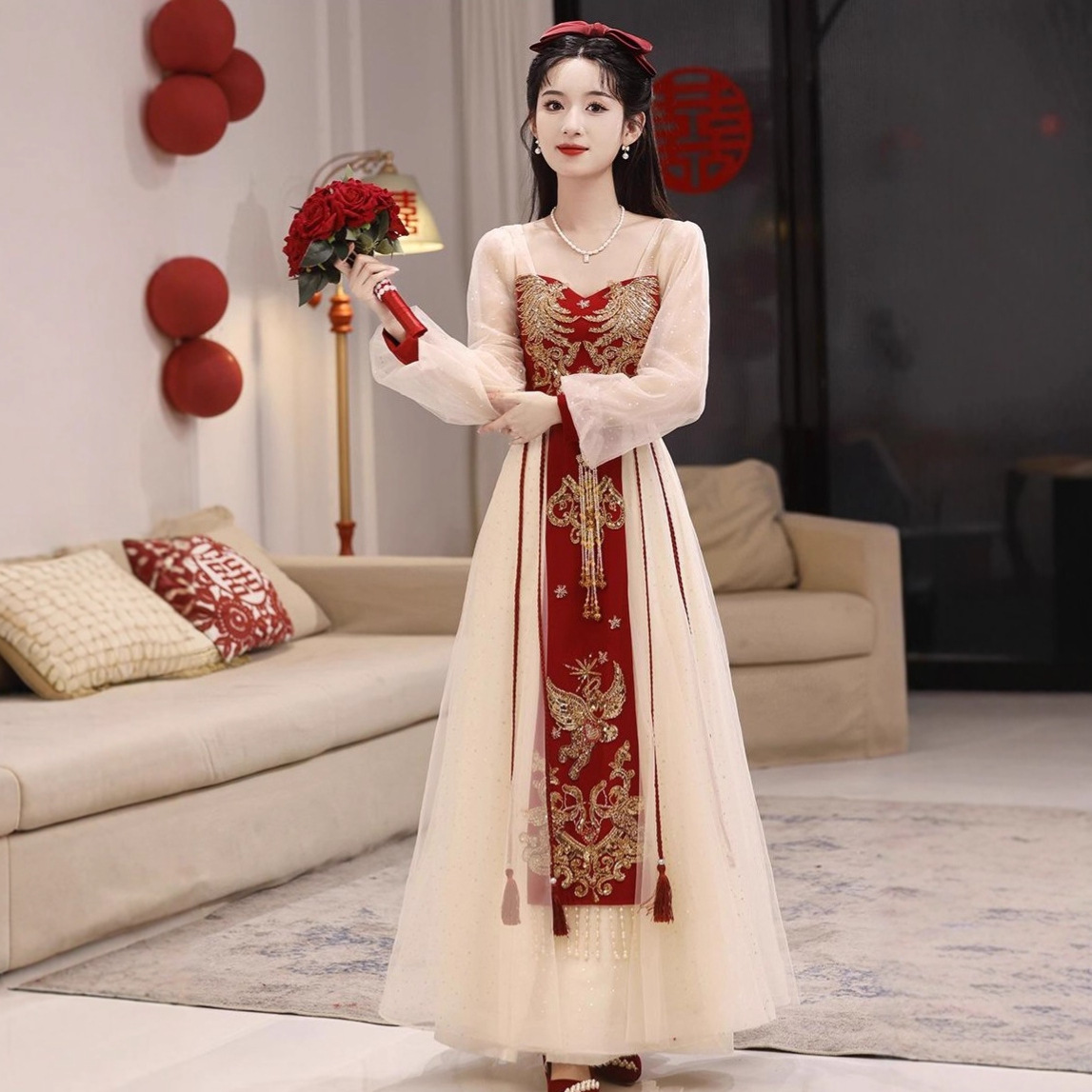 Bride's Engagement Toast Dress, Elegant Long-Sleeved Dress, New Couple Photo, Classy Banquet Long Dress