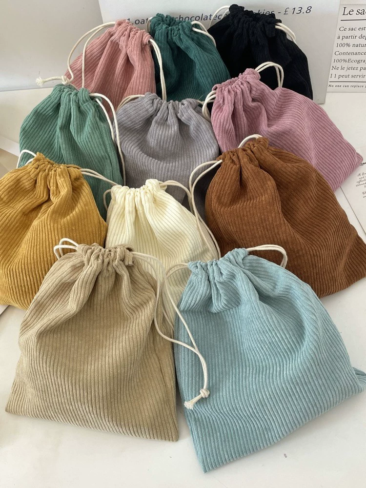 Corduroy Cosmetic Drawstring Bag Set, Handheld 3-Piece Kit — Small/Medium/Large