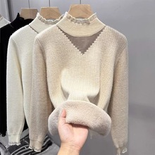 一体绒加厚毛衣女打底衫女秋冬半高领2025新款蕾丝内搭上衣针织衫