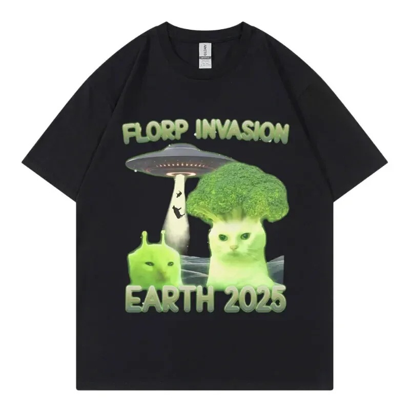 Florp Lv Funny Alien-Themed Cat Meme T-Shirt Fashion Millennium Clothing Pure Cotton Heavyweight T-Shirt