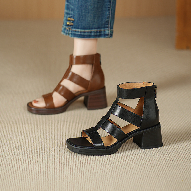 Giày sandal cao gót nữ hở ngón, gót dày 6 cm, phong cách La Mã, dây kéo sau — nâu