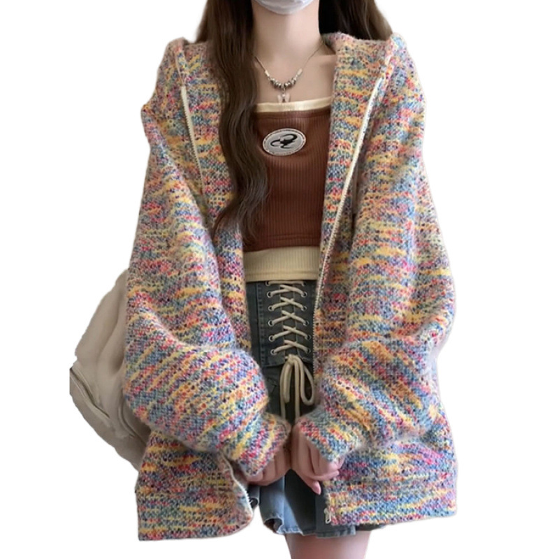 무지개 스웨터 코트 여성의 봄과 가을 느슨한 게으른 스타일 미국 스타일 복고풍 디자인 센스 틈새 달콤한 카디건 스웨터