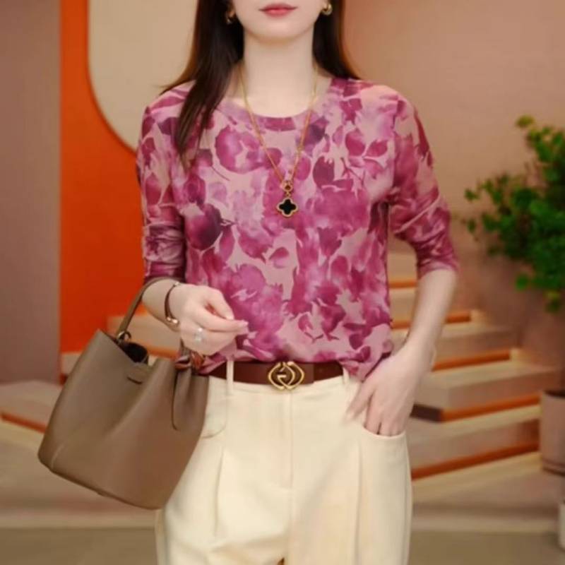 新款秋季时尚网纱印花长袖恤减龄气质遮肚打底衫圆领透气上衣女
