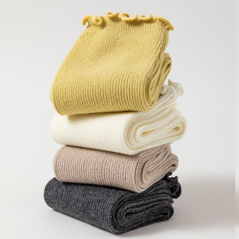 Damen Crew Socken Mit Wellensaum Für Herbst Und Winter Einfarbig_voghion.com
