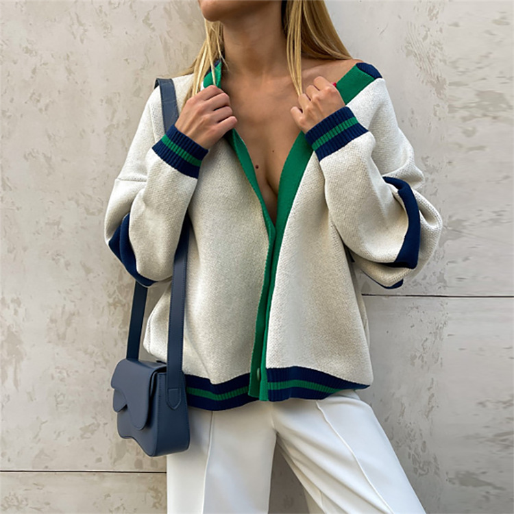 Cárdigan a la Moda con Bloques de Color, Suéter Holgado Informal para Otoño e Invierno, Ropa Femenina Transfronteriza 2024, Chaqueta de Suéter Tejido Simple a Rayas image 3