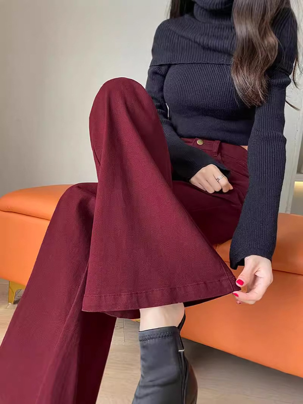 安可拉紅微ラッパジーパンの女性秋の2024年の新型のハイウエストはやせていて、足の弾力性のあるラッパのズボンを貼りません。|undefined