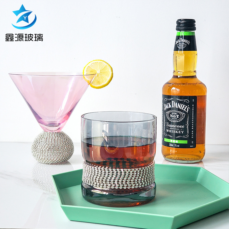 ins風鑽石玻璃杯纏鑽水晶玻璃杯奶茶杯子冰激凌甜品杯鑲鑽酒杯