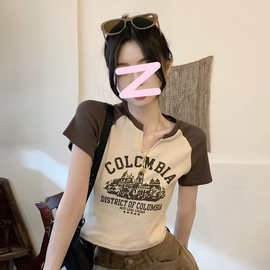 五笔蟹来图来样定制 辣妹V领短袖t恤女夏美式复古打底衫短款上衣
