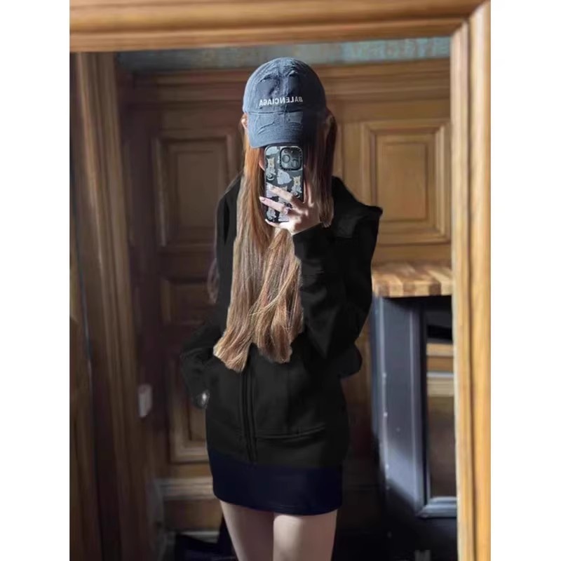Black brace, autumn sweatshirt, jacket, sports hoody, slim fit, American style, tight