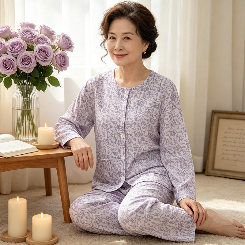 Women's Autumn New Style Pajamas for Middle-Aged and Elderly, Round Neck Cardigan, Long Sleeve, Elegant Small Floral Home Wear Set, Wholesale Women's Autumn New Style Pajamas for Middle-Aged and Elderly, Round Neck Cardigan, Long Sleeve, Elegant Small Floral Home Wear Set, Wholesale