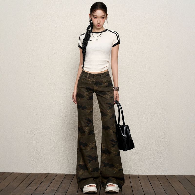 迷彩微喇叭牛仔裤女2025新款夏季低腰垂感修身显瘦美式辣妹拖地裤|undefined