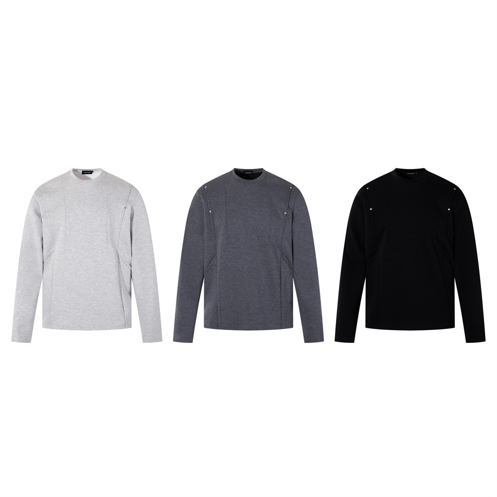 Solid Color Casual Crew Neck Sweatshirt For Men Spring And Autumn Versatile Loose Pullover With 3D Design Long Sleeve_voghion.com