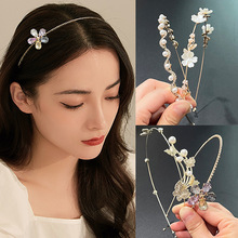 超仙花朵树叶水钻珍珠发箍欧美新款高级感细金属头箍跨境外贸发饰