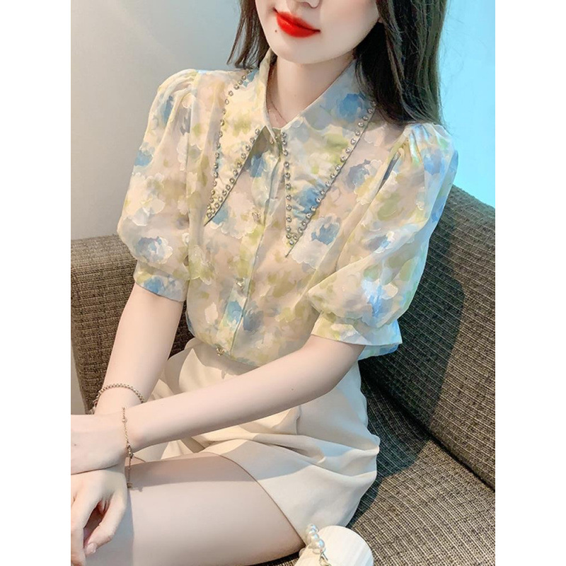 Summer Short-Sleeved Chiffon Shirt Chic Women's Summer Wear 2025 New French Sweet Floral Top Design