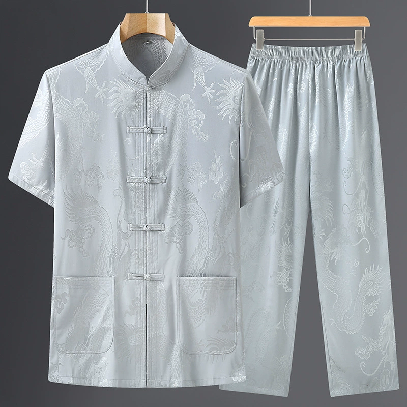 Silk summer thin summer clothing for boys for elderly, set, with short sleeve, Chinese style