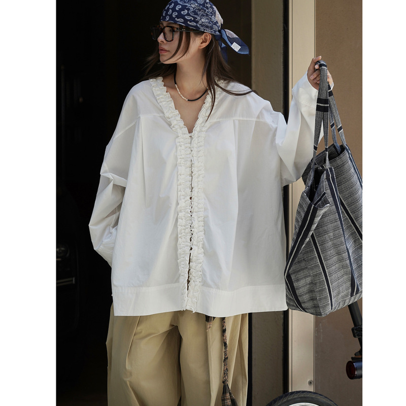 Louvre Early Autumn New French Literary Elegant Stereo Lace Splicing Long-Sleeved Shirt Loose Silhouette Top for Women