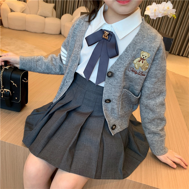 Girls' Spring and Autumn 2026 New Children's Jk Academy Style Uniform Set White Shirt Short Skirt Cardigan Set for Older Children