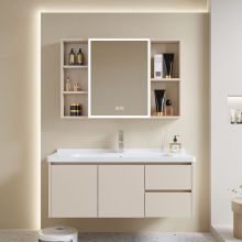 奶油风浴室柜智能陶瓷一体洗手盆卫生间家用洗漱台池洗脸盆柜组合