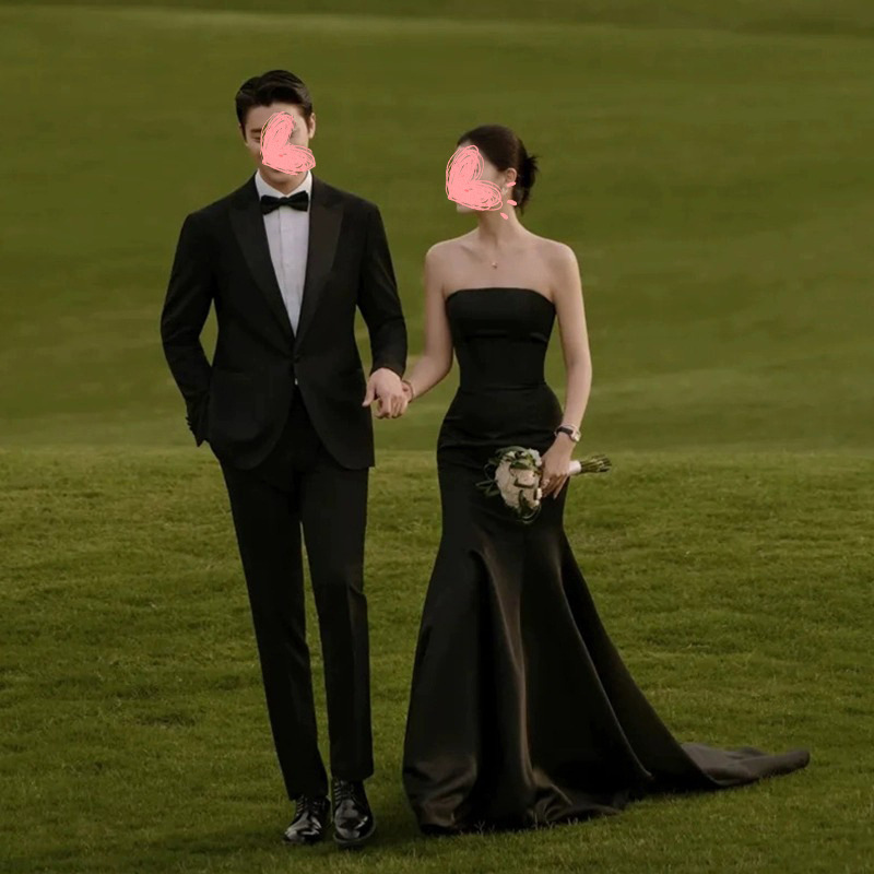 Studio theme new black Mori tube top satin dress retro temperament Hepburn style French photography wedding dress