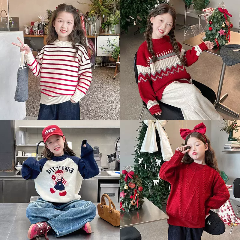 儿童洋气毛衣女童新年红半高领针织衫大童装上衣女孩2025冬装新款