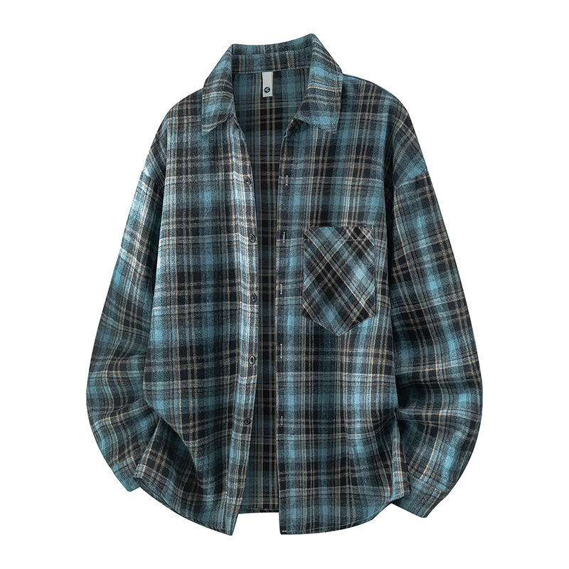 Men's plaid long-sleeved shirt, loose fit, suitable for spring and autumn, American retro style, plus size, can be worn as an inner or outer layer, perfect for early autumn Men's plaid long-sleeved shirt, loose fit, suitable for spring and autumn, American retro style, plus size, can be worn as an inner or outer layer, perfect for early autumn