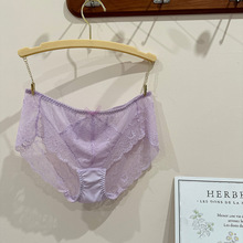 出口外贸韩国柔软全蕾丝紫色中腰少女内裤大码包臀性感女士三角裤