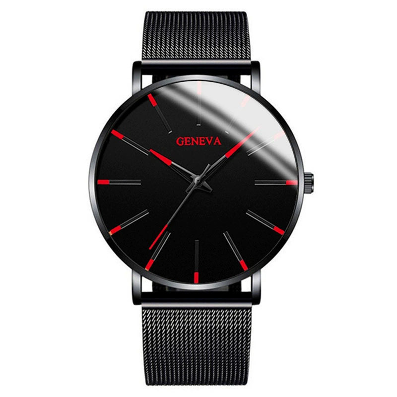 Black case, red hands, black mesh strap