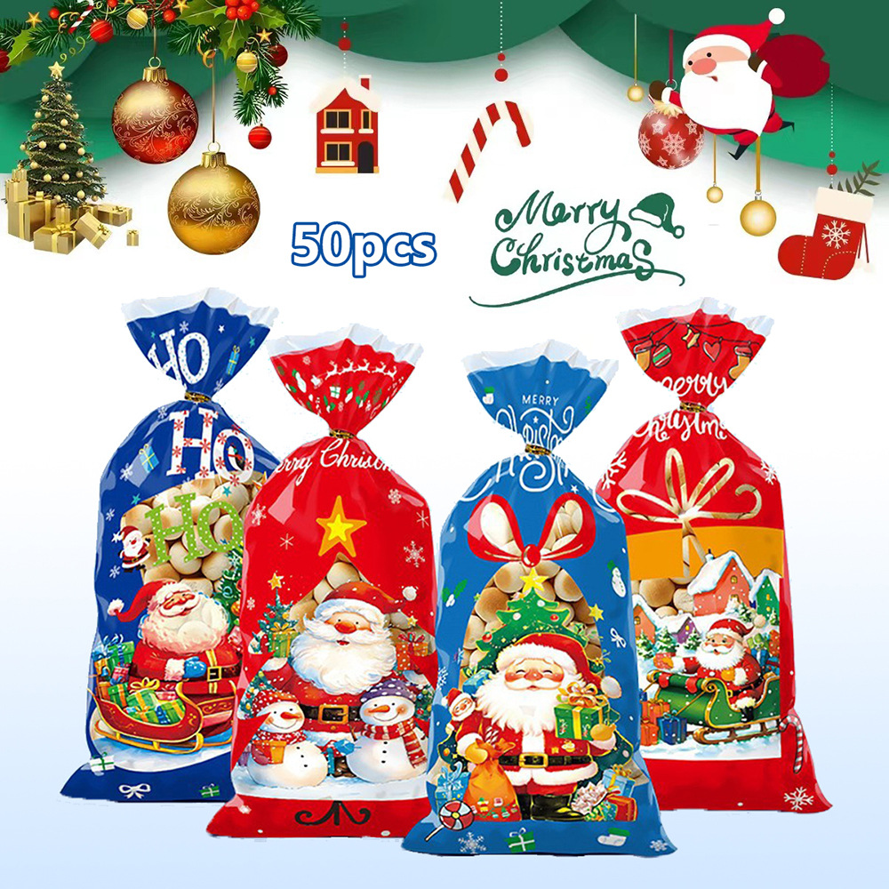50个混装圣诞节双蓝OPP平口袋 圣诞老人礼物糖果巧克力礼品包装袋
