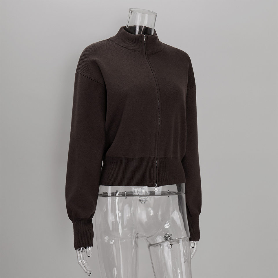Áo khoác cardigan len dệt kim cổ đứng khóa kéo hai chiều dài tay — Màu nâu cà phê, Màu trắng, màu đen, màu đỏ chi tiết 30