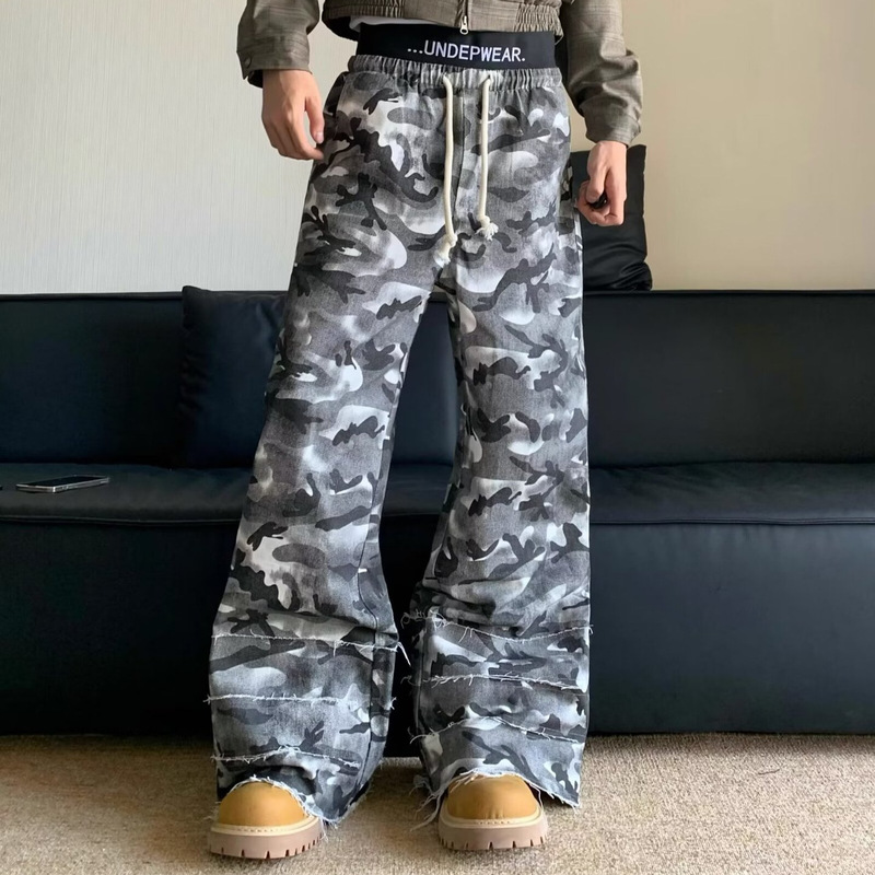 2024 American-style hiphop Camouflage Dirty Dye Destruction Straight Leg Pants Men's and Women's Same Style Design Sense Stacked Casual Pants Men's