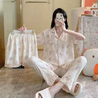源头工厂夏季外贸云朵棉三件套翻领短袖长裤家居服女睡衣套装