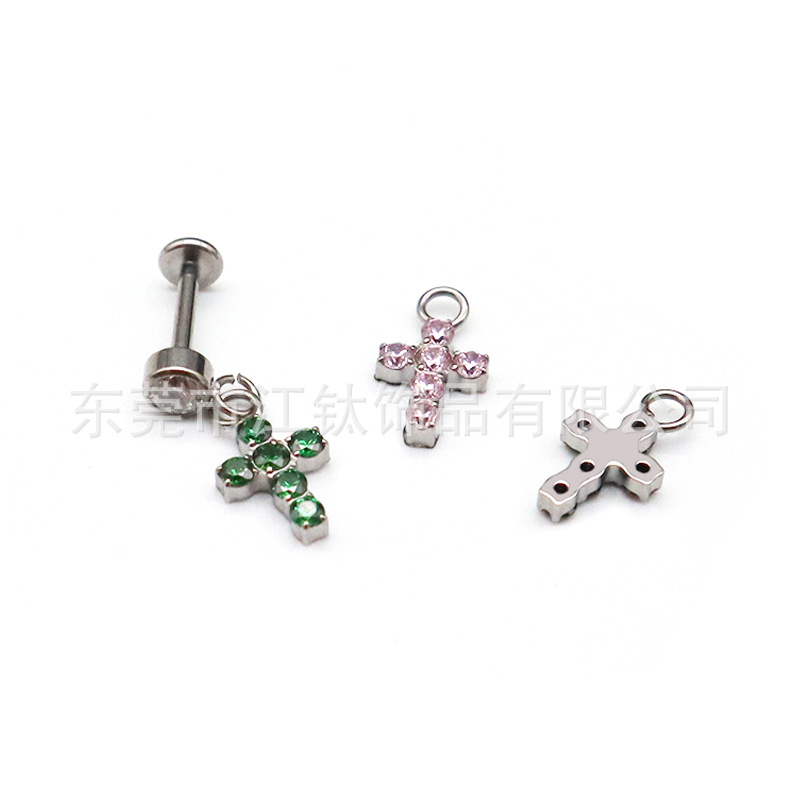 F136 Titanium Stud Earring Cylindrical Cross Pendant Inlaid 5A Zircon G23 Titanium Alloy Body Piercing Ear Bone Stud detail image 10
