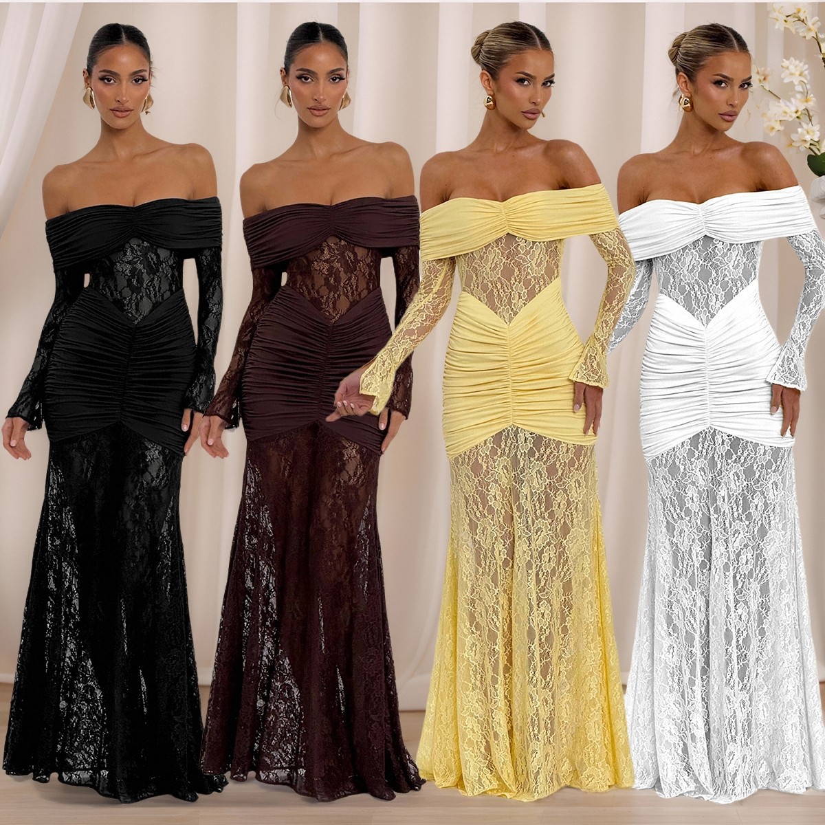 Zy6298 Cross-Border Independent Station European and American Lace Dress Party Dress Sexy Slim One-Shoulder Accessible Luxury Long Dress