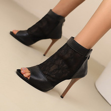 40-50春夏独立站外贸跨境欧美细高跟鱼嘴蕾丝低筒凉靴凉鞋女Z109