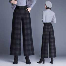 冬季加绒加厚毛呢格子阔腿裤中老年次妈妈直筒裤