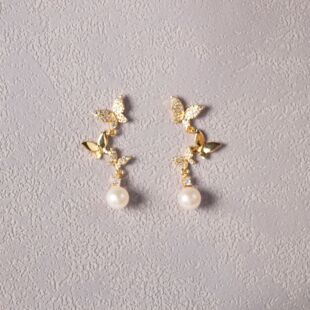 Natural Freshwater Pearl Earrings Women's 18K Gold Premium Korean-style Zircon Butterfly Pearl Earrings S925 Silver Needle