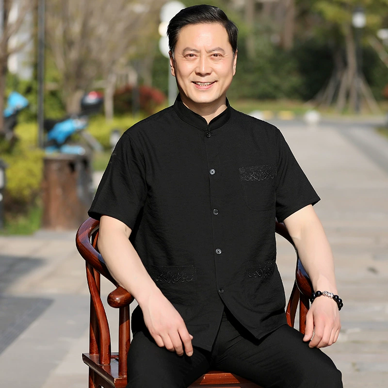 Silk set for boys for elderly, Hanfu, with short sleeve, Chinese style
