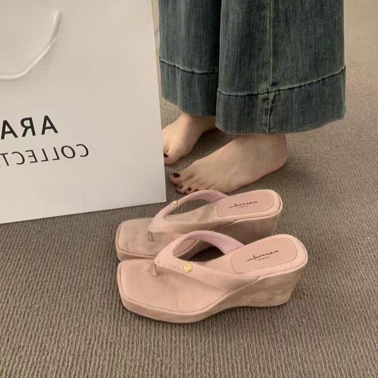 新品法式黑色方头坡跟凉拖鞋女夏外穿20I26新款配裙子厚底增高人