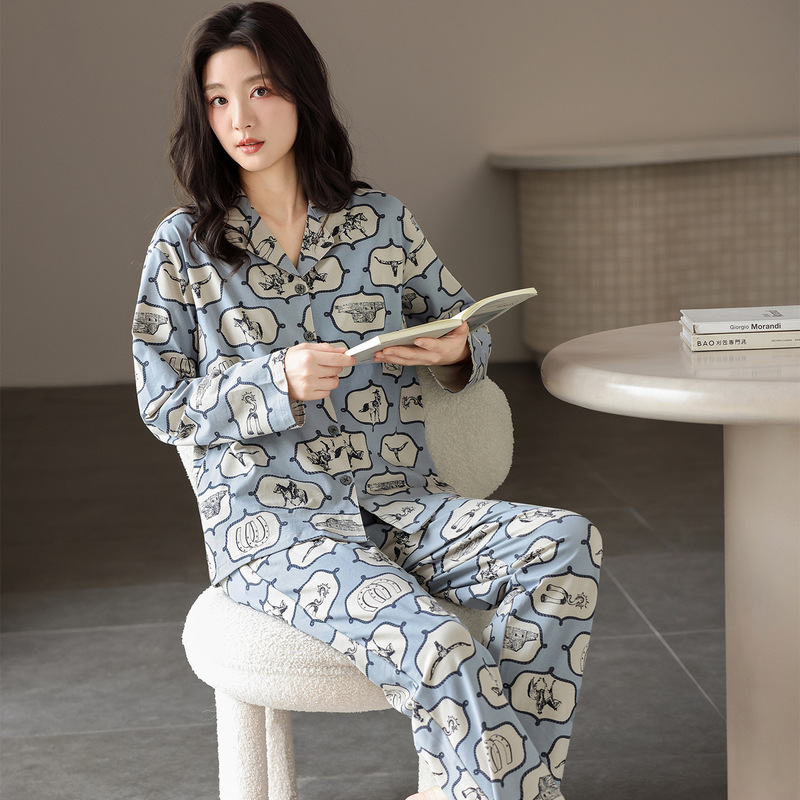 韩式公主风爽棉拉架翻领开衫睡衣女春秋季宽松休闲家居服可外穿|undefined