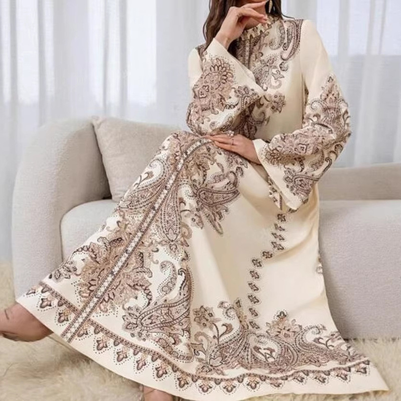 New Hot-Selling Item - Palace-Style Stand-Up Collar Lantern Sleeve Coat with Wavy Edges, Long Vintage Printed Dress