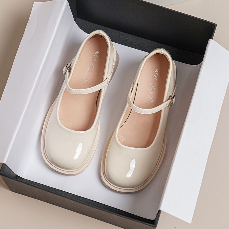 Invisible Inner Heightening Mary Jane Small Leather Shoes for Women with Skirts and Suits, Black Thick-Soled Flats with High Heels