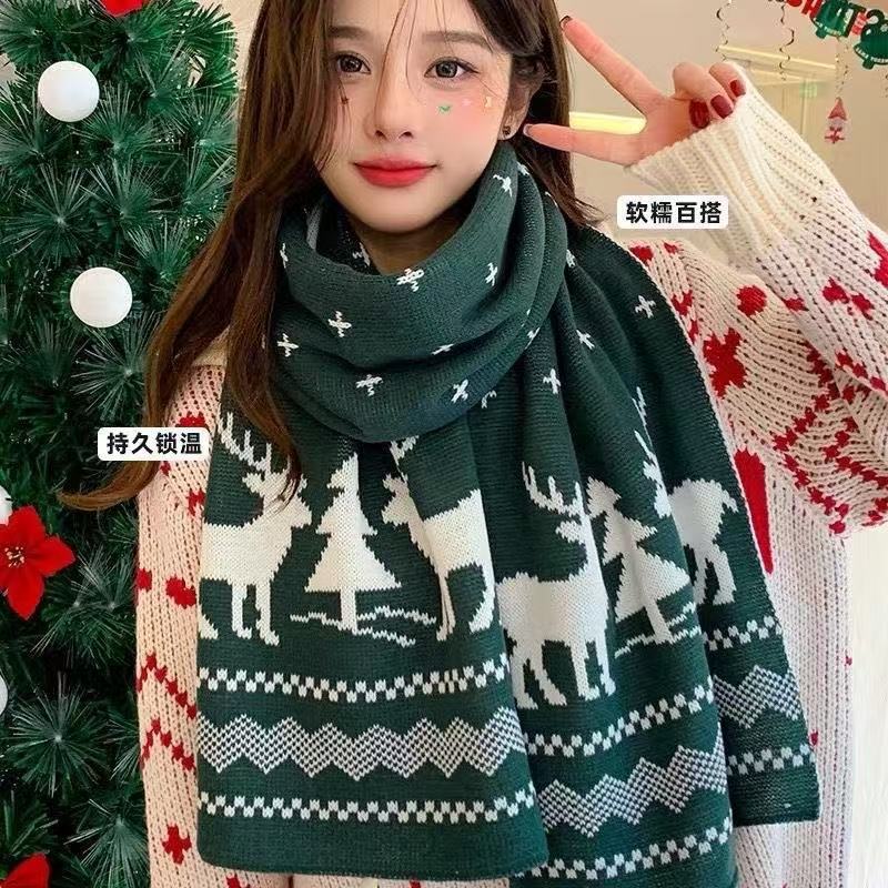 百搭时尚圣诞红色小鹿围巾男女秋冬季韩版双面花保暖围脖送人礼物|undefined