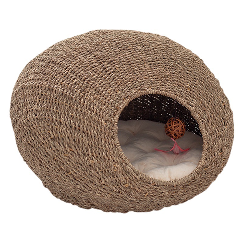 Ratán gato Nido verano semicerrado gato hamaca verano fresco nido estera hecha a mano de paja tejida mascota gato nido