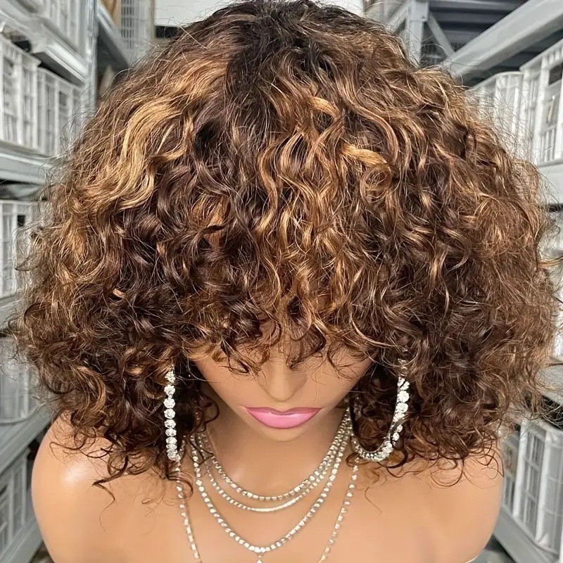 Nueva peluca de encaje estilo europeo y americano para mujer, corte bobo, negro natural, raya en medio, cabello corto rizado, fibra sintética, venta al por mayor.