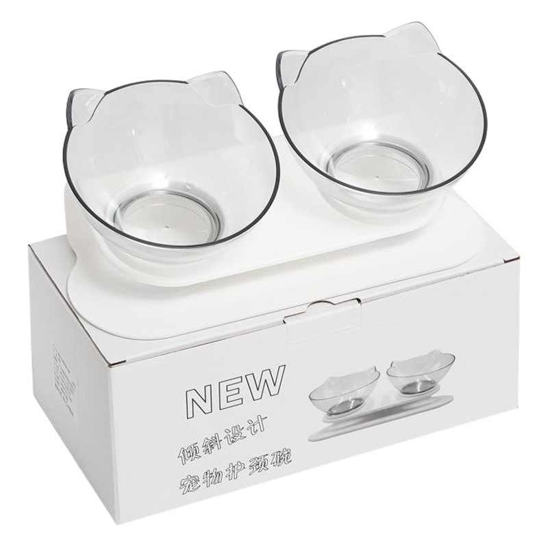 Tazón Doble para Mascotas al por Mayor en Existencia, Tazón Transparente Dos en Uno con Orejas de Gato, Tazón Inclinado para Proteger el Cuello, Tazón para Perros para Beber Agua y Comer.