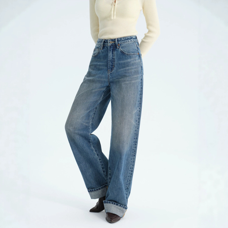MBB high-end high-waisted non-stretch wide-leg jeans for women, autumn and winter, European and American style, loose, slimming, stiff, straight-leg trousers